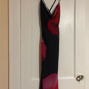 RUNAWAY the label low cut back Black and Pink Floral Dress maxi